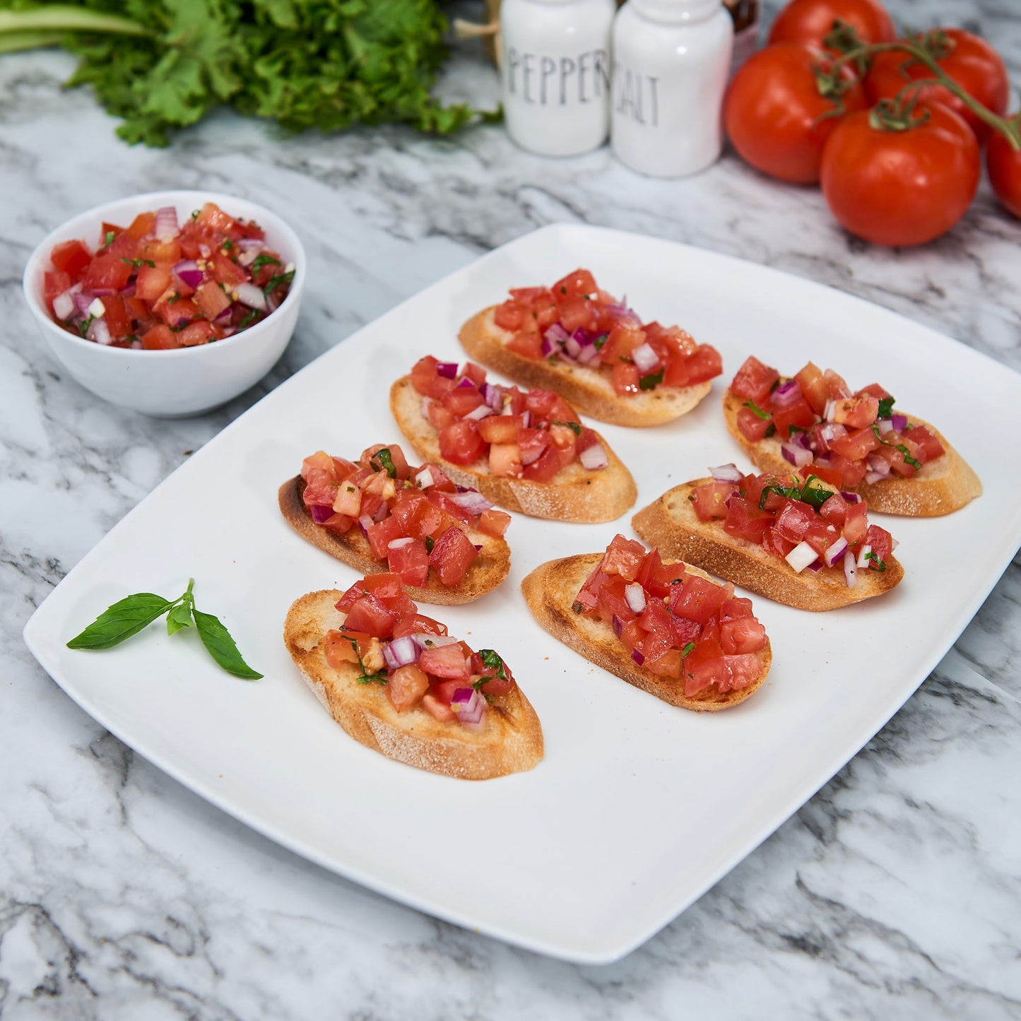 Fresh Tomato Bruschetta with Herbs, EVOO on Baguette