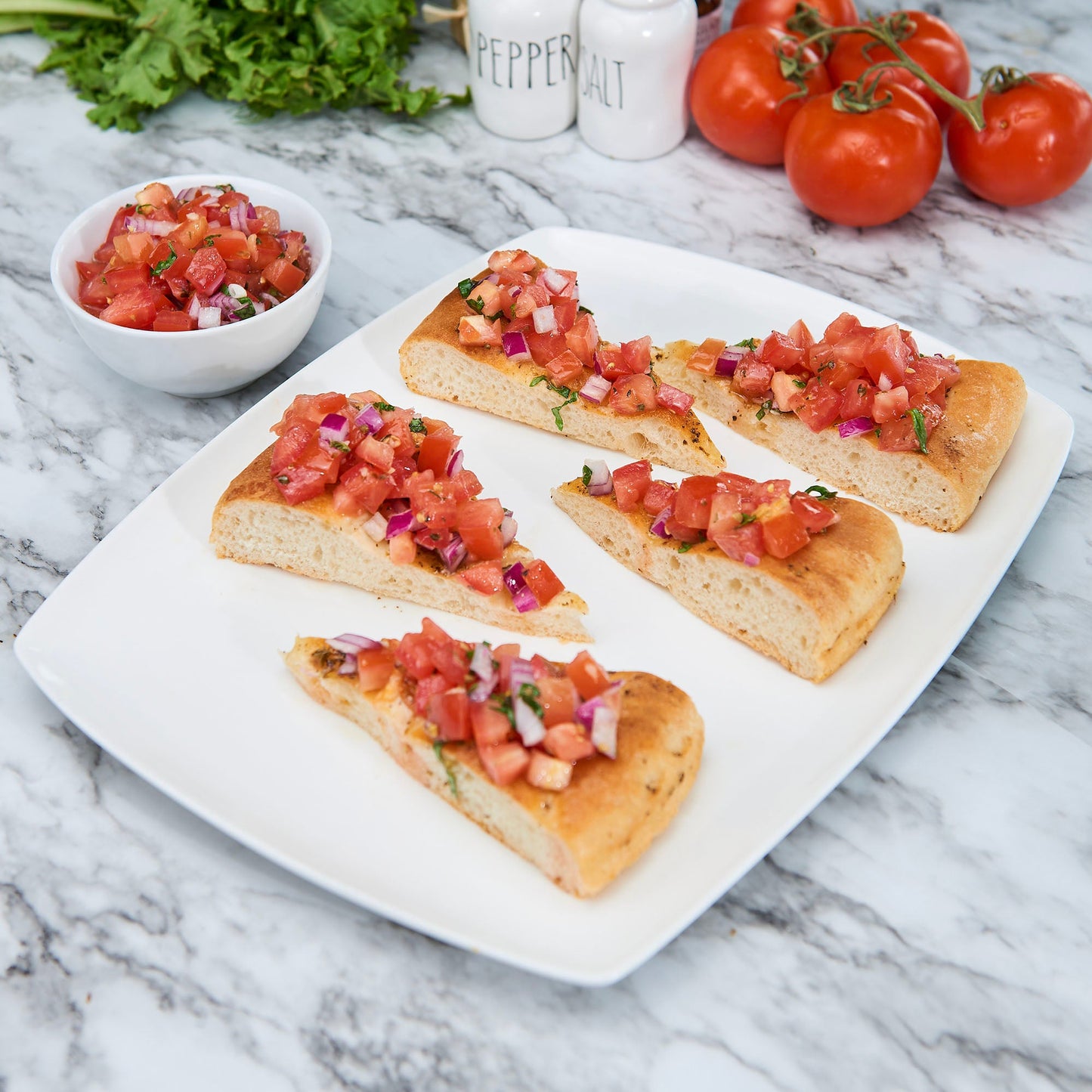Fresh Tomato Bruschetta with Herbs, EVOO on Focaccia