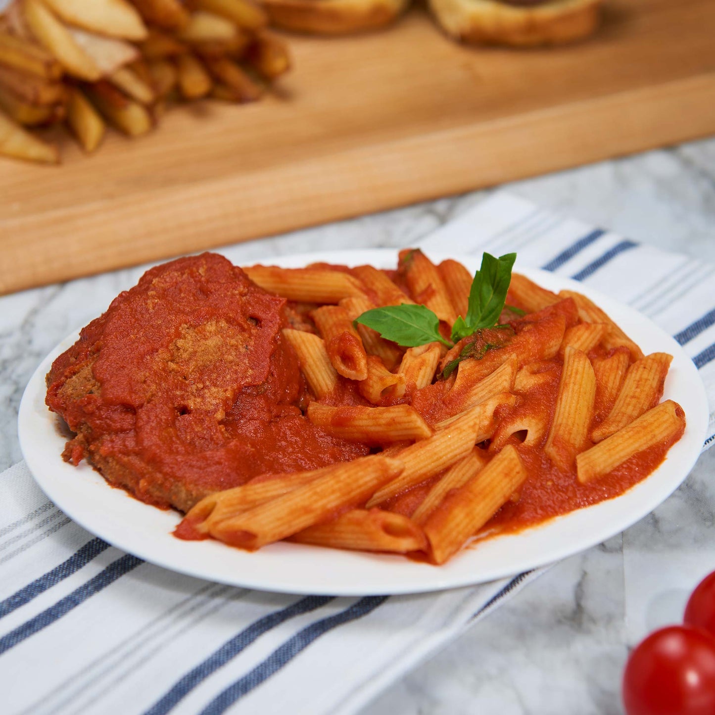 Penne Pasta with Tomato Sauce and Veal Cutlet