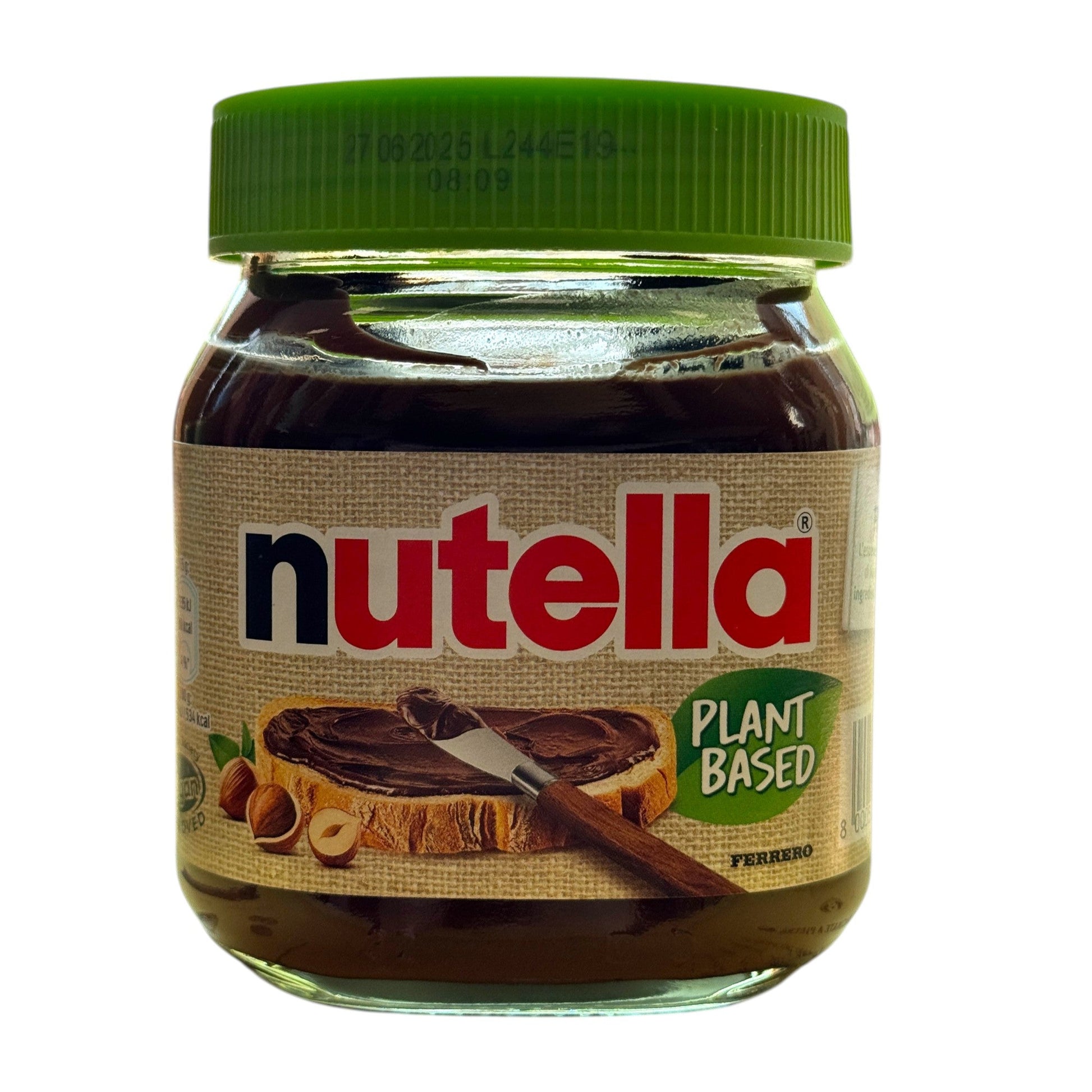 Jar of Nutella with a plant-based label on a white background