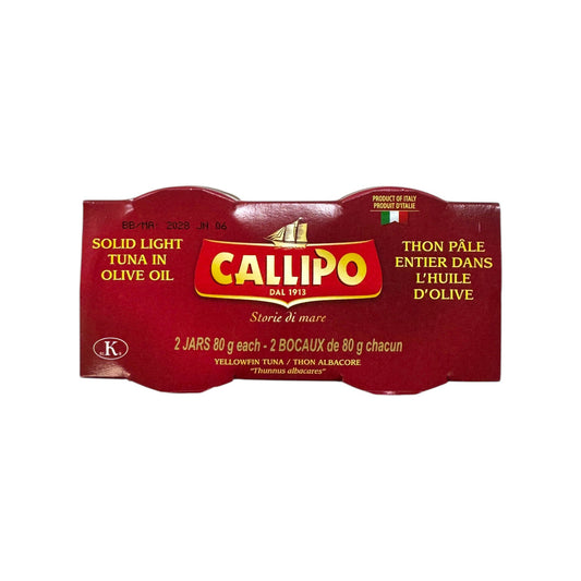 Callipo tuna in olive oil packaging on a white background