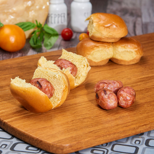 Grilled Mini Sausages on a Brioche Bun (Buns served on the side)