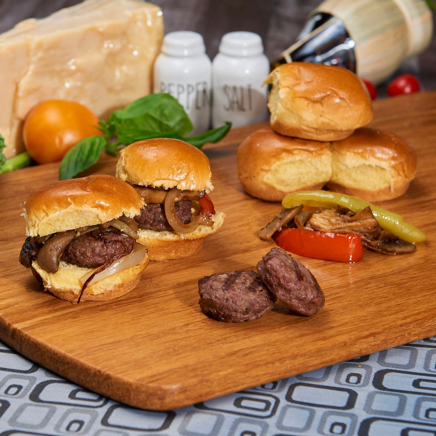 Grilled Slider Burgers with Fontina, Mushrooms, and Caramelized Onions (Buns served on the side)